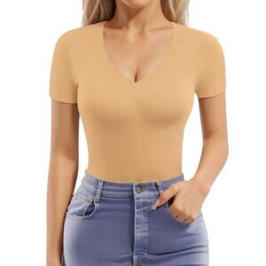 Mangopop ochre double lined short sleeve V neck fitted basic tee size S NWT